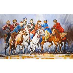Momin Khan, 30 x 48 Inch, Acrylic on Canvas, Buzkashi Painting, AC-MK-127